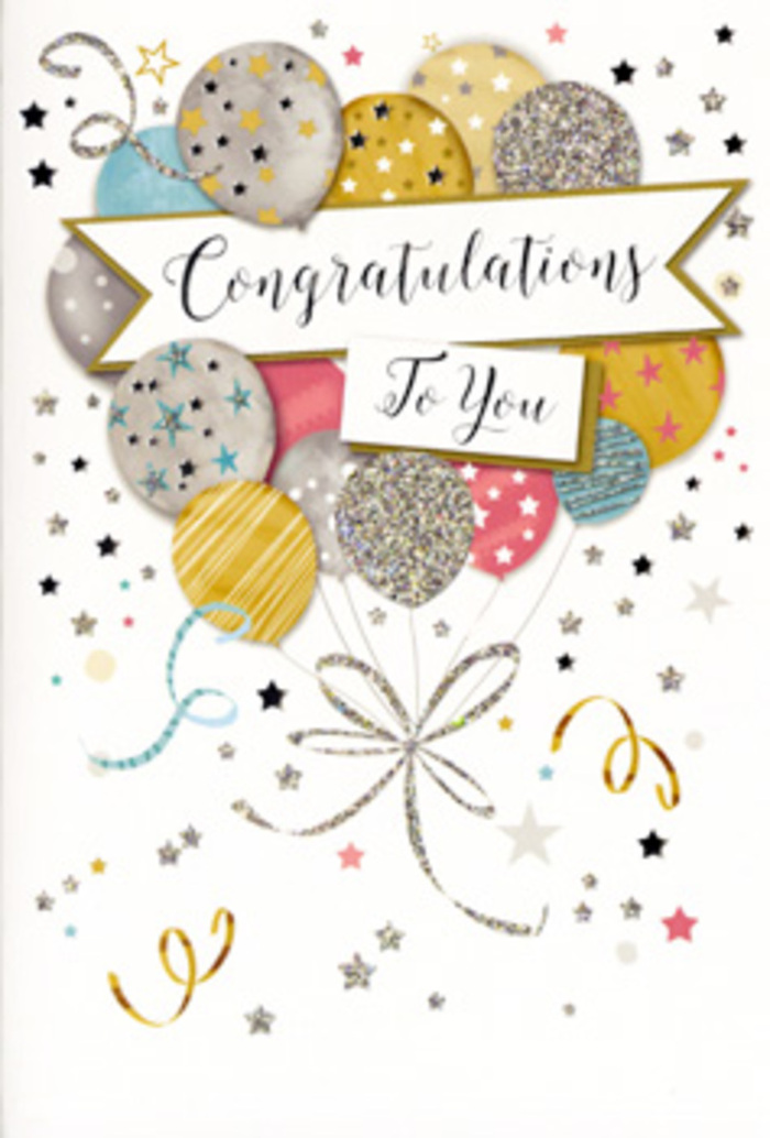 In this image, a refined congratulations card stands upright, its design echoing the feeling of walking through Willesden with joyful news to share. The focal point is a rounded cluster of balloons rendered in soft, luminous colours: gold, silver, champagne, sky blue, gentle blush pink, and cooling shades of grey. The balloons overlap in a relaxed, organic arrangement, as if they have been loosely gathered by hand, creating a sense of volume and upward lift. Each one is decorated differently-some with twinkling stars, others with delicate stripes or glittery accents-evoking the sparkle of party decorations without becoming visually overwhelming. Sweeping across the centre is a ribbon-like banner, elegantly curved, displaying the message "Congratulations To You" in ornate, flowing script that feels thoughtful and sincere. The background is a soft, light tone, scattered with petite stars, dots, and curling ribbons that dance around the balloons like gentle gusts of confetti. The overall palette and composition project a feeling of sophisticated celebration, perfect for life's proud moments, from exam results to promotions or special achievements. As a local florist, it reminds me of pairing just the right card with a hand-tied bouquet headed for homes near Willesden Green station, Roundwood Park, or along Walm Lane. The card's blend of metallic sheen and pastel colour means it complements many floral styles, adding an extra layer of joy and recognition. It looks like the sort of keepsake someone might tuck away, long after the flowers have faded, to remember how valued and celebrated they felt that day.