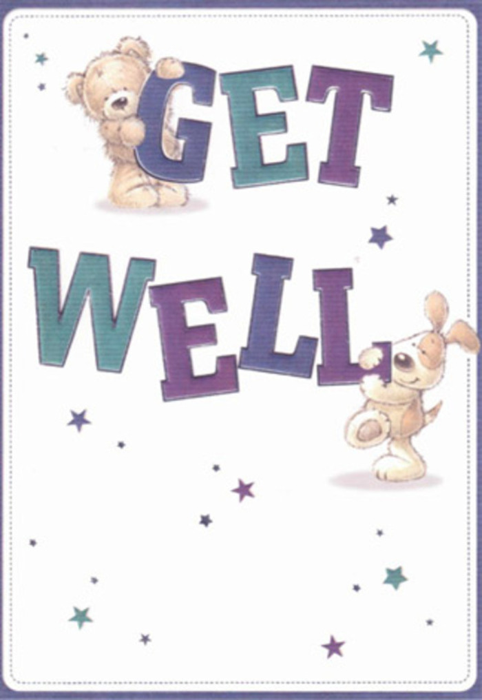 A heartening get well card captures the spirit of kindness through its playful illustrations: a friendly bear and a puppy share the stage, their features soft and inviting, transmitting a sense of light-hearted encouragement. Glimmering stars, delicately painted in deep violets and cool teals, pepper the clean white space, lending a sensation of wishes drifting above Willesden's leafy avenues on a gentle breeze. The typography is impressively bold and oversized, with 'Get Well' shaded in undulating gradients of indigo and aqua blues, much like the colors found in early spring bouquets at Willesden Florist. The tactile allure is unmistakable-the bear's fuzziness and the puppy's velvety ears conjure the tactile pleasure of a soft blanket or the gentle textures of a well-crafted arrangement. Every creative touch, from the positioning of the letters to the flicker of the stars, feels deliberate and comforting, akin to hand-selecting every bloom for a friend in need. Whether you're sending this card accompanied by fresh flowers to a loved one near Dollis Hill or simply reaching out with a kind word, the mood is one of hopefulness and reassurance-a visual reminder that the community stands by with warmth and gentle encouragement.