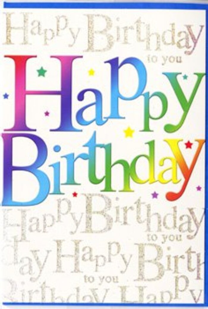 Displayed upright against a neutral setting, this birthday card radiates the easy, bright optimism of a sunny day around Willesden Green. Taking centre stage, the words "Happy Birthday" are printed in large, softly rounded letters that run almost from edge to edge, their shapes friendly and welcoming. Inside each letter, colour shifts in a smooth, almost velvety gradient, beginning with strong cherry reds and rosy pinks, deepening into plum and violet tones, before transforming into electric blues, cool teals, leafy greens, and finally warm golden hues reminiscent of evening light over Roundwood Park. The transitions are seamless, like watercolour pigments blending on fine paper, and a subtle gloss along the curves suggests a premium finish you might feel as a slight smoothness under your fingers. Enveloping this bold central greeting, the background is filled with a fine pattern of repeating script, the words "Happy Birthday to you" written in slim, looping gold calligraphy. Each line of text flows gracefully across the card in evenly spaced rows, the strokes light and precise, with delicate flourishes on the letters that add a touch of sophistication. The metallic ink catches and reflects light as you move the card, causing certain words to sparkle momentarily, like fairy lights strung across a birthday table in a Willesden home. Together, the rainbow block letters and the shimmering gold script create a layered effect: the boldness of the main message conveys excitement and fun, while the softly glowing background whispers a more intimate, heartfelt wish. It's the sort of card you can imagine paired with a lively bouquet from Willesden Florist, ready to be delivered to a doorstep near Dollis Hill as part of a truly memorable birthday surprise.