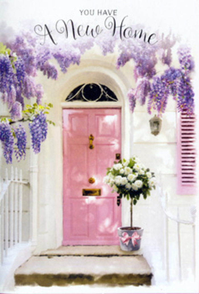 In this image, a Willesden entranceway becomes a gentle portrait of fresh starts and quiet optimism. The focal point is a soft pink front door, its colour somewhere between rose and blush, radiating subtle warmth against the crisp whitewashed walls that surround it. The paint catches the light in a way that makes the door appear both modern and timeless, like a familiar home on a leafy street off Harlesden Road. Draped above and to the sides is a cascade of wisteria, its long racemes of blossom tumbling downward in shades of lavender, lilac, and pale violet. The flowers cluster densely near the top and thin out towards the tips, creating a natural curtain that frames the doorway and suggests the gentle sway of petals in the breeze. At the threshold, placed with deliberate care, stands a rustic-style grey metal bucket filled with a mass of white and cream roses. Each rose is full-headed and lush, with multiple layers of velvety petals unfolding from a soft, creamy centre. Some blooms lean slightly outwards, as if drawn by the daylight, while others tuck in more closely, giving the arrangement a natural, life-filled shape rather than a rigid formality. Between them, sprigs of fresh green foliage emerge, lending texture and a whisper of garden greenery that feels at home in this corner of North West London. Around the base of the bucket, a satin ribbon in pale pink is tied in a relaxed bow, echoing the colour of the door and adding a final, romantic detail. Gentle sunlight filters through the wisteria canopy, scattering imperfect yet beautiful shadows across the stone step and lower panels of the door. The composition evokes the emotions of a move-a little nervousness, a sense of wonder, and deep hope-making it ideal imagery for a card or floral design celebrating a new home in Willesden, a first shared flat, or the beginning of any cherished chapter.