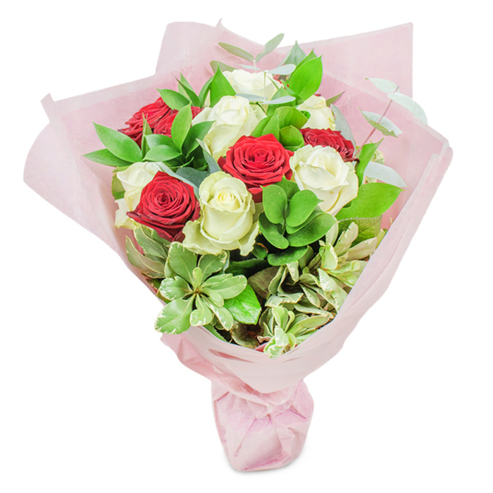 Expertly arranged and set against a clean white background, this lavish bouquet from Willesden brings together the beauty of nature's palette and refined craftsmanship. Twenty hand-selected roses - ten in deep, luxurious red, ten in pure, creamy white - take centre stage. Their petals, intricately layered and perfectly unfurled, capture the fresh promise of a new day in North West London. Supporting this floral ensemble, an abundance of vivid greenery provides a lush frame: robust, glossy Ruscus, smooth and succulent-textured leaves for contrast, ethereal sprigs of eucalyptus for softness, and subtle variegated foliage with creamy tips for depth. The pastel pink translucent paper wrapping, thoughtfully gathered at the base, lends a sense of modern romance while reflecting Willesden's blend of tradition and renewal. Subtle interplay of light and shadow across the bouquet highlights the nuances in colour and form, as if sunlight were streaming through windows onto a breakfast table on Sidmouth Road. Suffused with the gentle scent of roses and fresh greens, this arrangement evokes the warmth of a heartfelt gift or an anniversary whispered between loved ones. Its artistry lies in the seamless transition between each element-a testament to the tradition of floristry woven through Willesden's diverse streets and neighbourhoods.