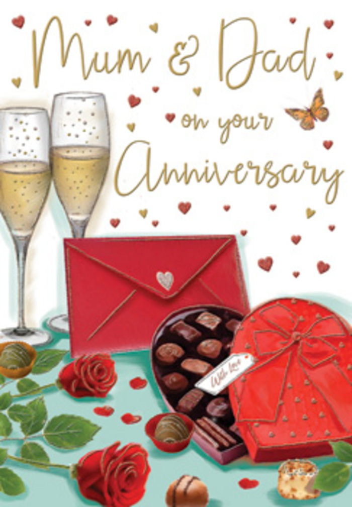 Luxurious and nostalgic, this illustrated anniversary card offers a still-life of romantic detail that feels perfectly at home in Willesden's close-knit family houses. At the centre, two champagne glasses stand in quiet harmony, their long, elegant stems nearly touching, each flute filled with golden fizz that rises in tiny bubbles to the rim. In front of them, a classic heart-shaped chocolate box lies open, its deep red exterior polished and rich, the inside revealing lovingly arranged chocolates, some domed, some squared, all nestled in protective wrappers. A sumptuous red bow arcs across the box's lid, its satin ribbon neatly folded into loops that capture and reflect light. To one side, vibrant red roses with thick, velvety petals rest atop lush greenery, the blooms so vivid they recall a freshly delivered bouquet from a local shop like Willesden Florist. A few loose chocolates are scattered nearby, adding a sense of casual indulgence, as if someone has already sampled a favourite piece. A scarlet envelope sits just beneath the floral and chocolate display, perfectly sealed, ready to unveil a note of thanks and remembrance to "Mum & Dad," whose title is written in an affectionate, hand-lettered script above. Soft golden and crimson hearts drift across the background, giving the whole scene a dreamy, celebratory glow, like evening light spilling into a front room off Dudden Hill Lane. This card composition radiates warmth, gratitude, and the quiet pride of a love story that has flourished over many years, surrounded by family and familiar Willesden streets.