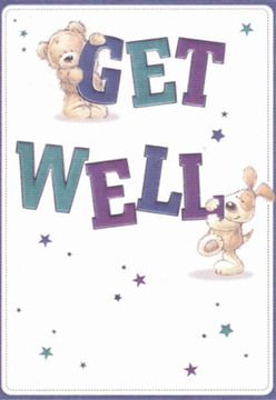 The scene on this get well card is alive with cheerful comfort-a plush teddy bear nestled atop the bold 'GET' and an eager puppy resting on the bold 'WELL,' their eyes full of sincerity and playful affection. Their forms are rounded and expressive, conveying coziness that feels akin to finding a quiet bench in Roundwood Park on a clear Willesden morning. Deep tig hues of purple and blue shade the bold block letters, providing a vivid contrast against the smooth cream backdrop. Sprinkled throughout are tiny starbursts, painted in a palette of serene blues and purples; their brightness hints at quiet optimism, as if each star could carry a wish for health to a dear friend. The gentle imitation of fur and soft ears brings a tactile dimensionality, much like running a hand along a lush bouquet arranged at a Willesden Florist shop by the station. Designed with thoughtful attention to detail, the card feels as carefully composed as an expertly tied floral bouquet-a gesture of reassurance, hope, and heartfelt support. With each brushstroke, the illustrator captures that special warmth of a neighborhood sending good cheer, perfect for delivering alongside flowers to someone convalescing in Harlesden or Mapesbury.