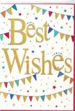 This image shows an exuberant "Best Wishes" card whose design suggests the friendly buzz of Willesden on a day of shared celebration. At the centre, the words "Best Wishes" are written in sweeping golden script, the letters thick enough to feel substantial yet elegantly curved. The gold has a slightly raised, glittered finish, so it catches the light in a soft, sparkling way, like tiny reflections on car windows lined up along Willesden Lane in late afternoon. Set on a clean white background, the message stands out clearly, its warm tone inviting and sincere. Surrounding this central greeting are strands of bunting arranged in relaxed arcs at the top and bottom of the card. Each triangular flag on the bunting is painted in a bright, cheerful colour-deep blues, lively reds, fresh greens, sunny yellows, and softer pastel tones-and many are embellished with patterns of dots, stripes, or small repeating shapes. These details together create a festive feel, as if the card captures a snapshot of street decorations hung for a local festival near Willesden Green station. Scattered about the bunting and the golden lettering are numerous tiny stars and round confetti dots, lightly sprinkled across the white space in matching colours. The placement gives a sense of movement and spontaneity, as though the confetti and stars were frozen mid-air at the height of a joyful moment. The overall effect is bright but not overpowering, with enough open space to keep the design relaxed and easy to appreciate. It is the sort of congratulations card that would slip perfectly into a bouquet delivered across Willesden, ideal for congratulating someone on a new opportunity, an achievement, or a fresh beginning with warmth and heartfelt positivity.