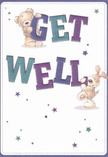 Brimming with heartfelt affection, this get well card radiates cheeriness and hope with its vibrant design. At the foreground, a snuggly teddy bear leans its head lovingly atop the letter 'G', while a spirited puppy rests its chin on the arch of 'WELL', both characters brimming with gentle affection. The bold, vivid letters of indigo and teal seem to pulse with warmth against the creamy white backdrop, mirroring the playful energy of Willesden's Sunday markets. Across the image, shimmering stars in various hues of purple and blue add a whimsical feeling, like scattered good wishes drifting over the rooftops of Brondesbury Park. Every fuzzy detail of fur and floppy ear invites a sense of touch, just as the arrival of a thoughtfully arranged bouquet from Willesden Florist brings tactile comfort. The scene's delicate composition, blending innocence with sincerity, gently reassures with each element-making this card a perfect companion to a floral gift sent to brighten someone's day, whether they're recuperating near Cricklewood or further afield. It is a canvas of kindness, embodying both compassion and the simple delight of being remembered.