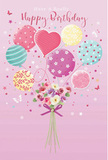 This whimsical birthday artwork feels like a joyful daydream set against a blush-pink sky, not unlike the gentle mood of an early evening in Willesden when party lights begin to glow behind townhouse windows. Clustered at the top of the design, pastel balloons float upward with lighthearted energy. Their colours-soft pink, aqua, lilac, and pale yellow-blend harmoniously, and each balloon boasts its own playful decoration: ribbons swirling in candy-coloured stripes, crisp polka dots, delicate florals, and at the centre, a heart-shaped balloon radiating quiet affection. The balloons' smooth, slightly glossy surfaces suggest they are catching ambient light, giving the entire upper portion of the scene a soft, luminous quality. Suspended beneath this floating festival is a compact, hand-tied bouquet that appears freshly arranged. Delicate roses and anemone-like blooms nestle closely together, their petals layered in tones of creamy ivory, blush pink, and gentle mauve. The petals are feathery and plush, inviting the imagination of a subtle, sweet fragrance drifting through a Willesden living room during a birthday gathering. The stems are neatly gathered and secured with a violet satin bow, the ribbon's sheen adding a touch of elegance that hints at a florist's careful craftsmanship. Around the bouquet and balloons, tiny stars and small butterflies scatter like confetti, sprinkling the scene with a fairy-tale sparkle. The entire composition feels light, airy, and perfectly festive, capturing the spirit of a birthday made bright with flowers, colour, and thoughtful design, ideal for celebrating loved ones across Willesden, Dollis Hill, and the surrounding North West London neighbourhoods.