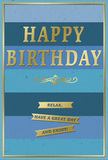 This birthday card offers a gentle yet unmistakable sense of celebration, the kind of thoughtful touch you might add to a bouquet delivered to a friend near Willesden Green station. Its surface is generously covered in broad horizontal stripes that move from dark to light, each band a different shade of blue. At the top, rich navy and inky indigo tones dominate, gradually melting into denim, teal, and eventually a light, breezy sky blue at the bottom edge. The overall effect is soothing, like watching clouds drift over nearby Roundwood Park. In the centre, the words "HAPPY BIRTHDAY" stand out in embossed gold lettering, the capitals large and clearly defined. The gold foil has a mellow, polished sheen that catches and reflects light in soft flickers, adding just the right amount of sparkle. Directly beneath this main greeting, a graceful golden flourish stretches across the card, its looping lines lending a touch of classic elegance. Lower down, three slim gold-foiled banners are arranged in a tidy stack, each bearing part of a relaxed wish: "Relax, have a great day and enjoy!" These banners echo the horizontal flow of the stripes, reinforcing the card's balanced, layered design. A fine gold border frames the entire composition, giving it a finished, picture-like quality. The card stock appears smooth and substantial, with the matte blues contrasting beautifully against the glossy raised gold. Imagined resting beside fresh birthday blooms on a Willesden kitchen table, this card feels like a quiet invitation to slow down, savour the moment, and feel genuinely celebrated.